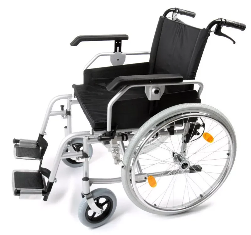 Heavy duty bariatric wheelchair with wide seat and large wheels.