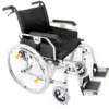 Folding heavy-duty wheelchair with extra wide seat and adjustable features.