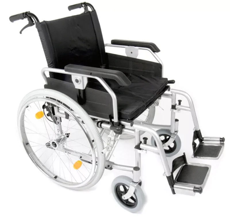 Folding heavy-duty wheelchair with extra wide seat and adjustable features.
