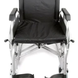 Front view of a folding bariatric wheelchair with wide seat and footrests.