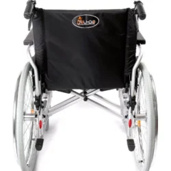 Rear view of a folding wheelchair with a black backrest and silver frame.