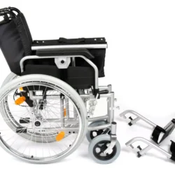 Side view of a folded bariatric wheelchair with detached footrests.