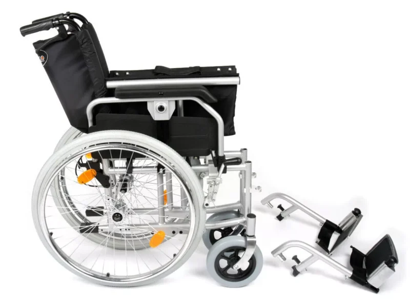 Side view of a folded bariatric wheelchair with detached footrests.