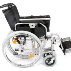 Side view of a folded heavy duty bariatric wheelchair.