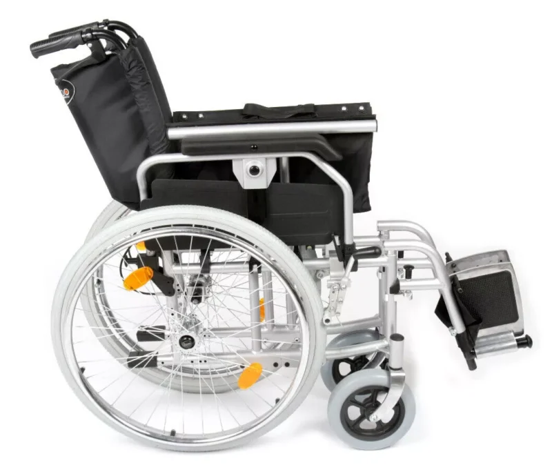 Side view of a folded heavy duty bariatric wheelchair.