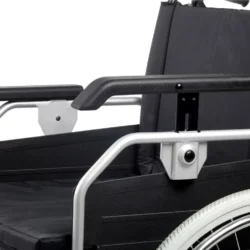 Close-up of the armrests and seat of a bariatric wheelchair.