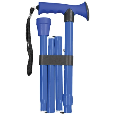 Blue folding walking stick with a gel handle and wrist strap.
