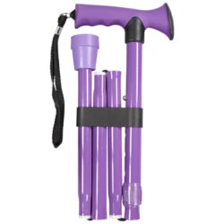 Lilac folding walking stick with a gel handle and wrist strap.