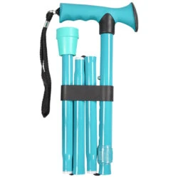 Teal folding walking stick with a gel handle and wrist strap.