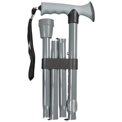 Folded grey walking stick with a soft gel handle and wrist strap.