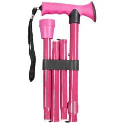 Pink folding walking stick with a gel handle and wrist strap.