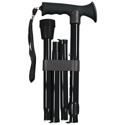Folded black walking stick with a gel handle and wrist strap.