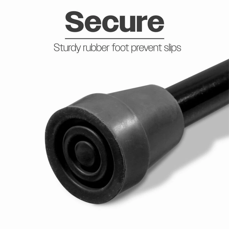 Close-up of a walking stick's non-slip rubber tip.