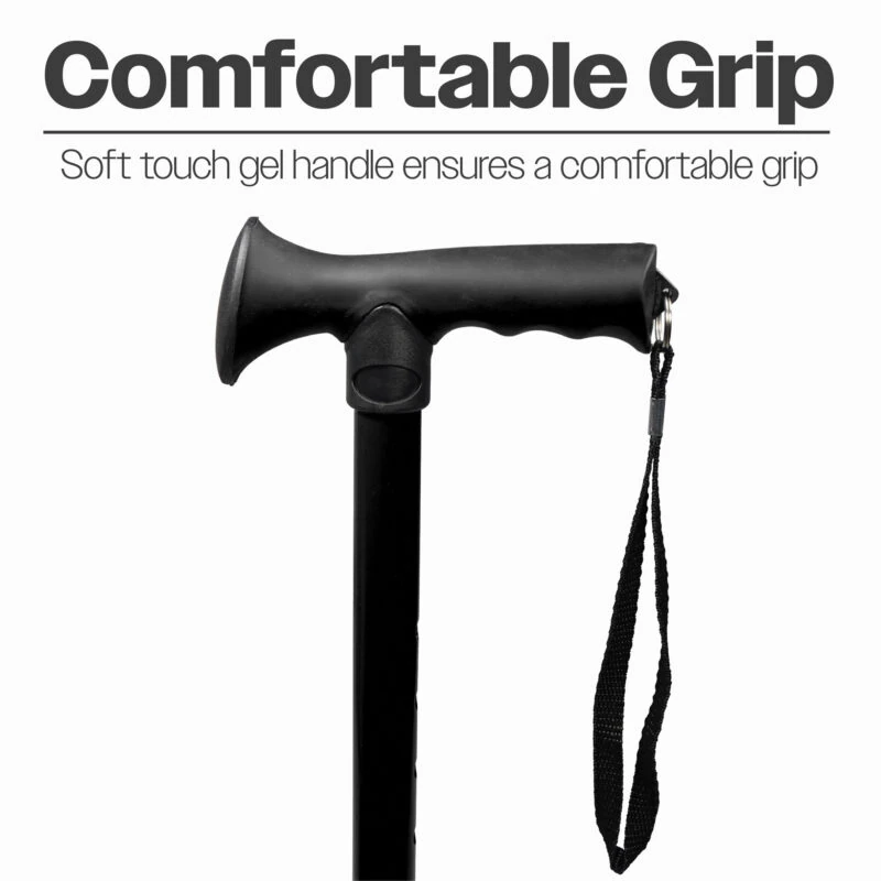 Black walking stick with a soft gel handle and wrist strap.