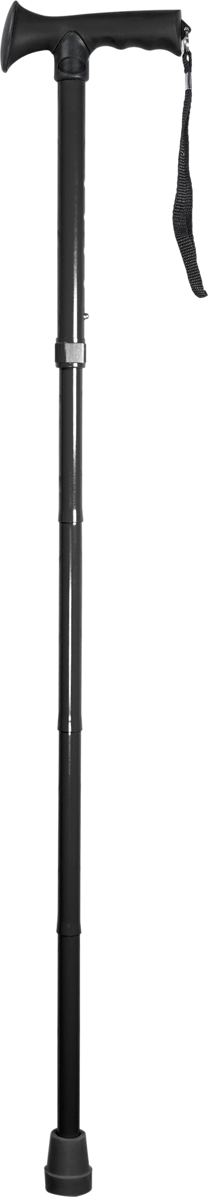 Black folding walking stick with a gel handle and wrist strap.