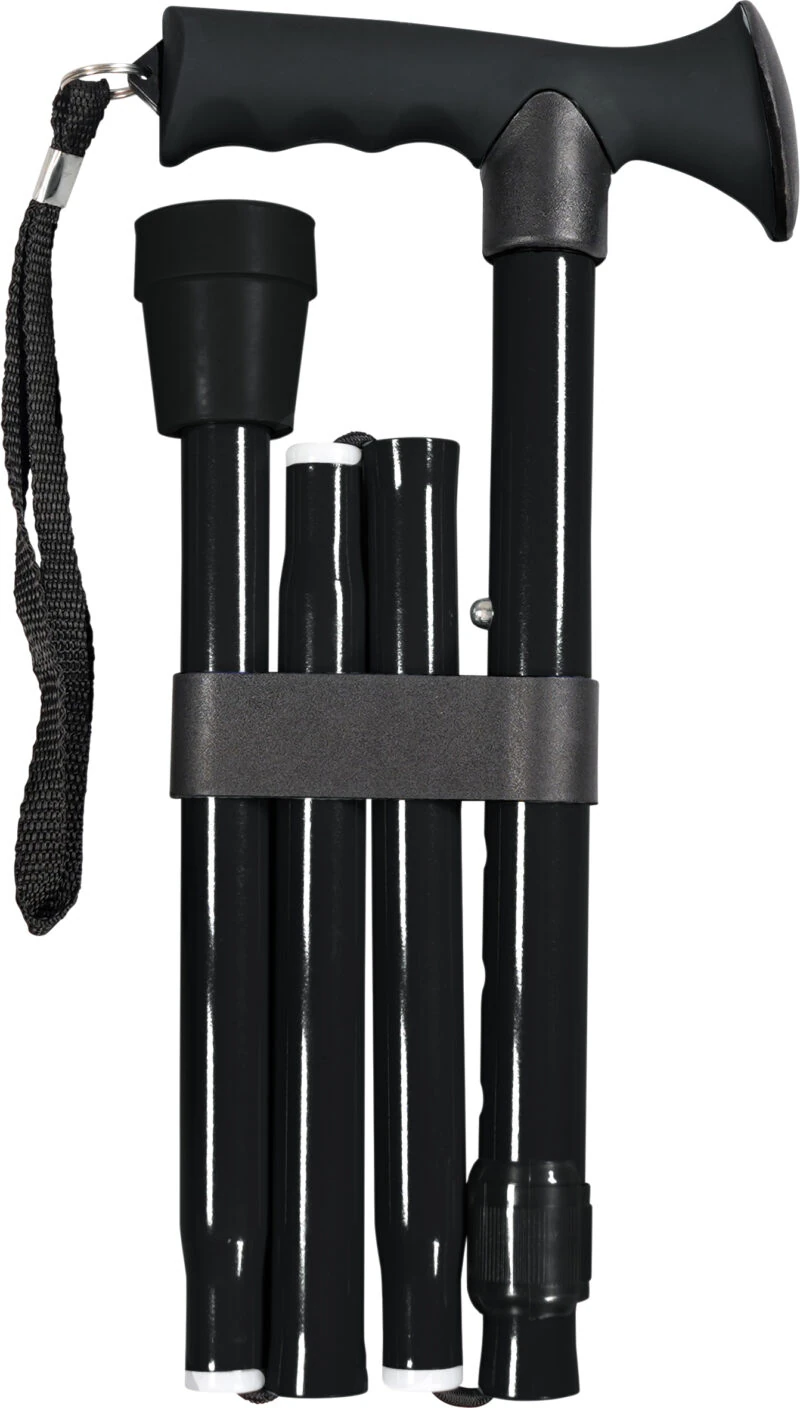 Folded black walking stick with a gel handle and wrist strap.