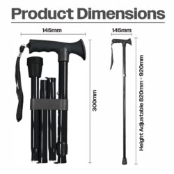 Black folding walking stick with gel handle, shown folded and extended with dimensions.