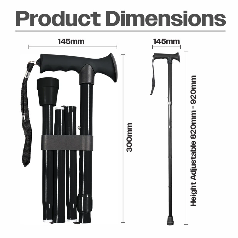 Black folding walking stick with gel handle, shown folded and extended with dimensions.