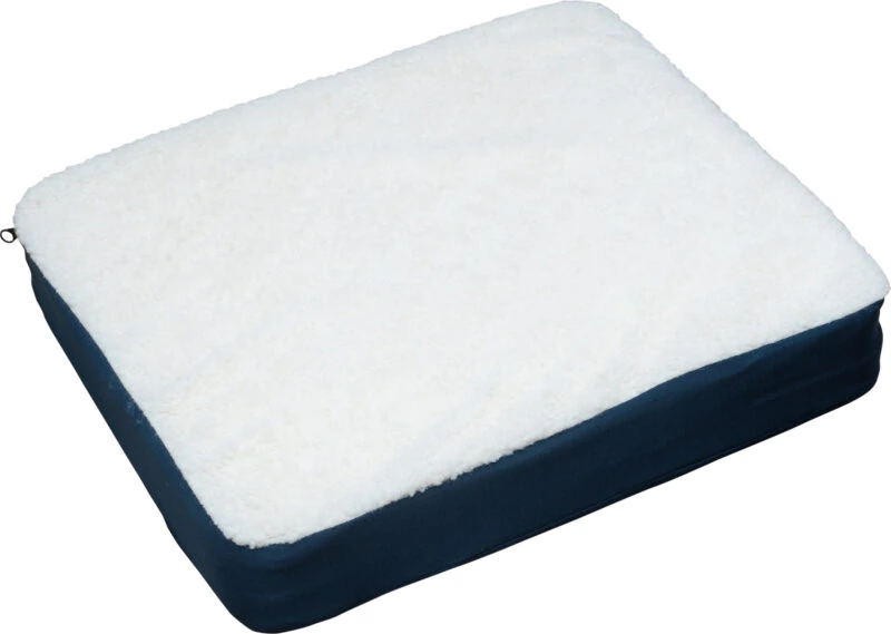Gel seat cushion with a white fleece top and dark blue sides.
