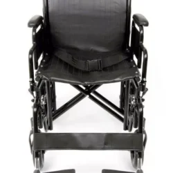 Front view of a black bariatric heavy duty transit wheelchair with wide seat.