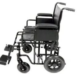 Side view of a heavy duty bariatric wheelchair with black frame and padded armrests.