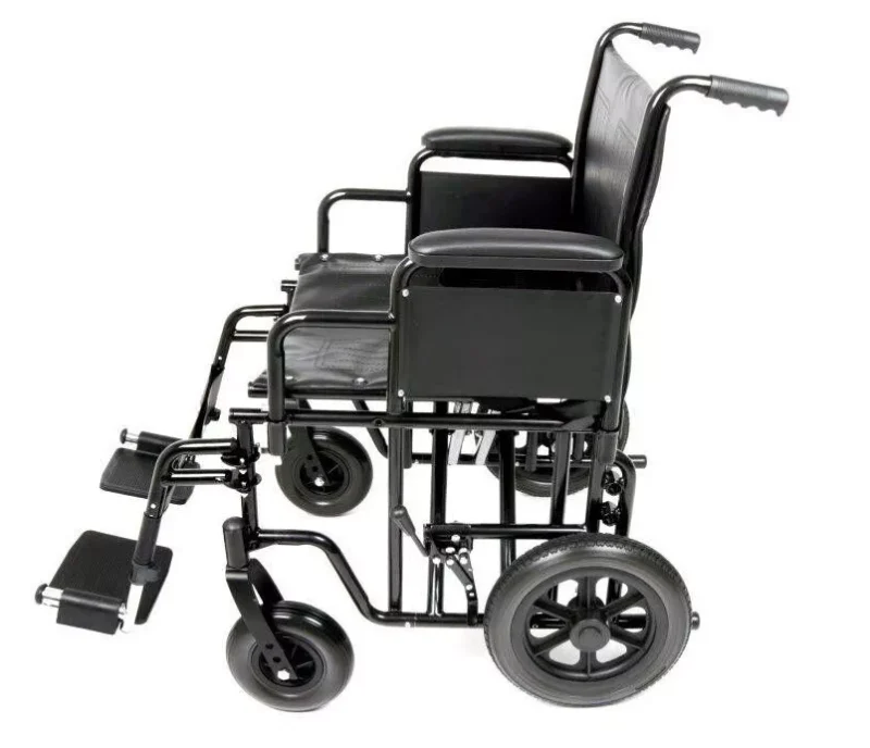 Side view of a heavy duty bariatric wheelchair with black frame and padded armrests.