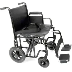Black heavy duty transit wheelchair with extra wide seat and solid wheels.