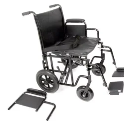 Bariatric heavy duty transit wheelchair with removable armrests and footrests.