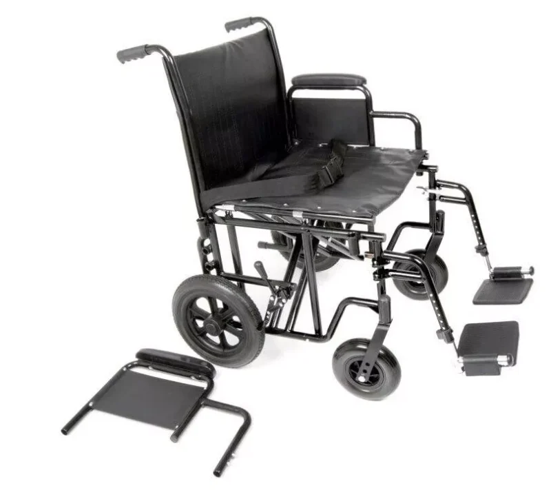 Bariatric heavy duty transit wheelchair with removable armrests and footrests.