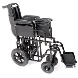 Folded black bariatric heavy duty transit wheelchair with solid wheels.