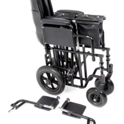 Folded heavy duty transit wheelchair with detached footrests.