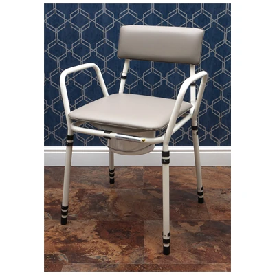 Height adjustable commode chair with padded seat and backrest.