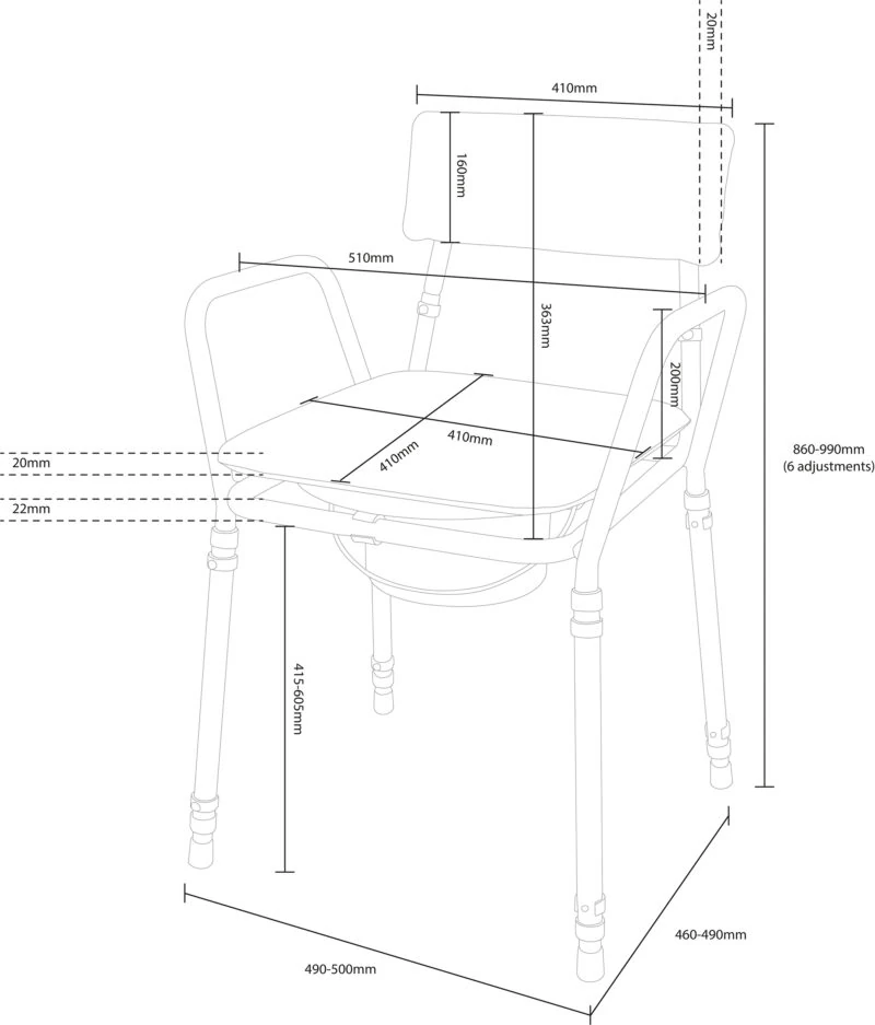 Technical diagram showing dimensions of the Essex Commode Chair.