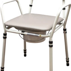 Height adjustable commode chair with padded seat and backrest.