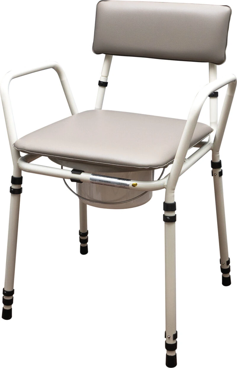 Height adjustable commode chair with padded seat and backrest.