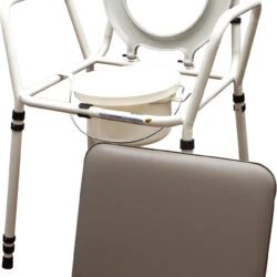 Height adjustable commode chair with padded backrest and detachable overseat.