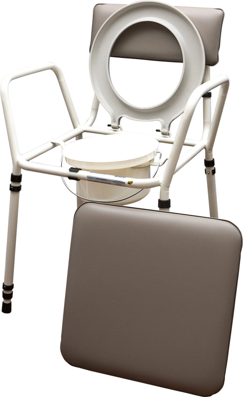 Height adjustable commode chair with padded backrest and detachable overseat.