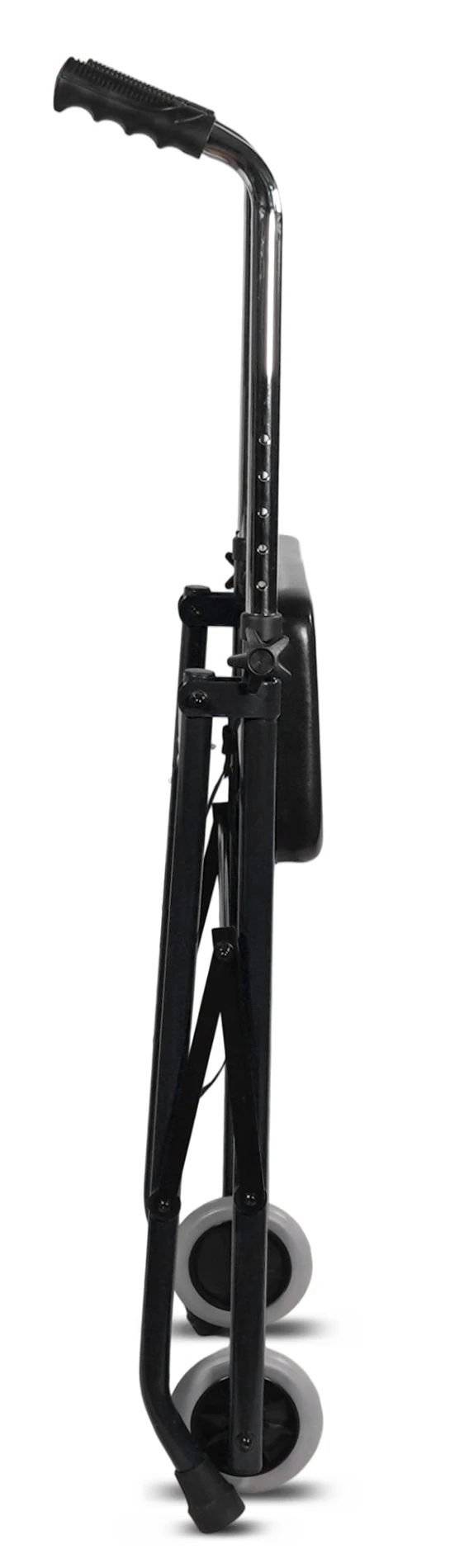 Folded wheeled walker with ergonomic handle and compact design.