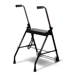 Foldable walker with a seat and wheels.