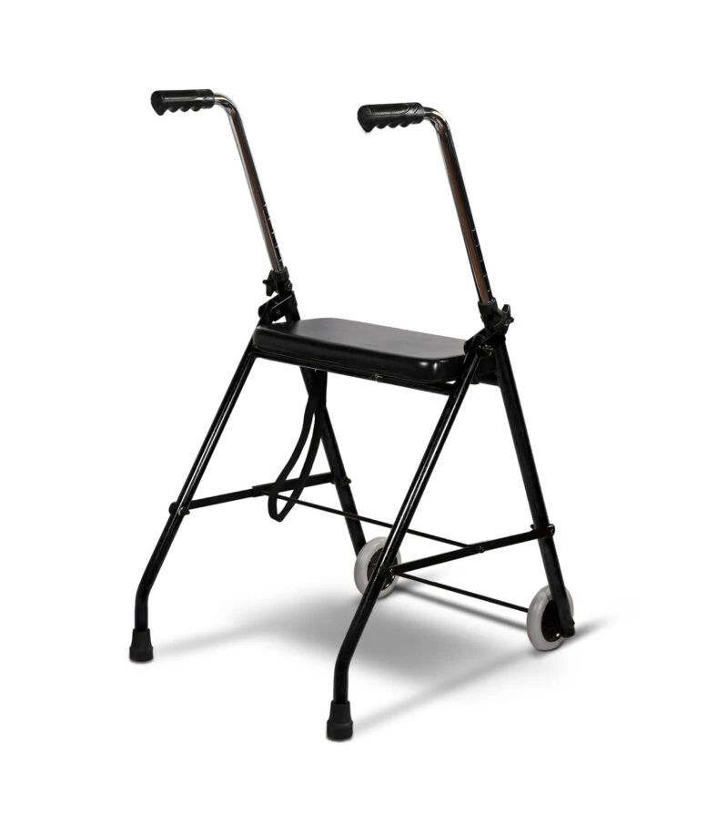 Foldable walker with a seat and wheels.