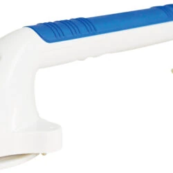 White and blue suction grab bar with vacuum seals on both ends.