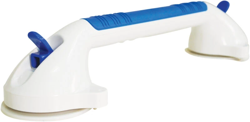 White and blue suction grab bar with vacuum seals on both ends.