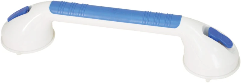 White and blue suction grab bar with vacuum suction cups.