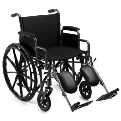 Black folding wheelchair with extra wide seat and leg rests.