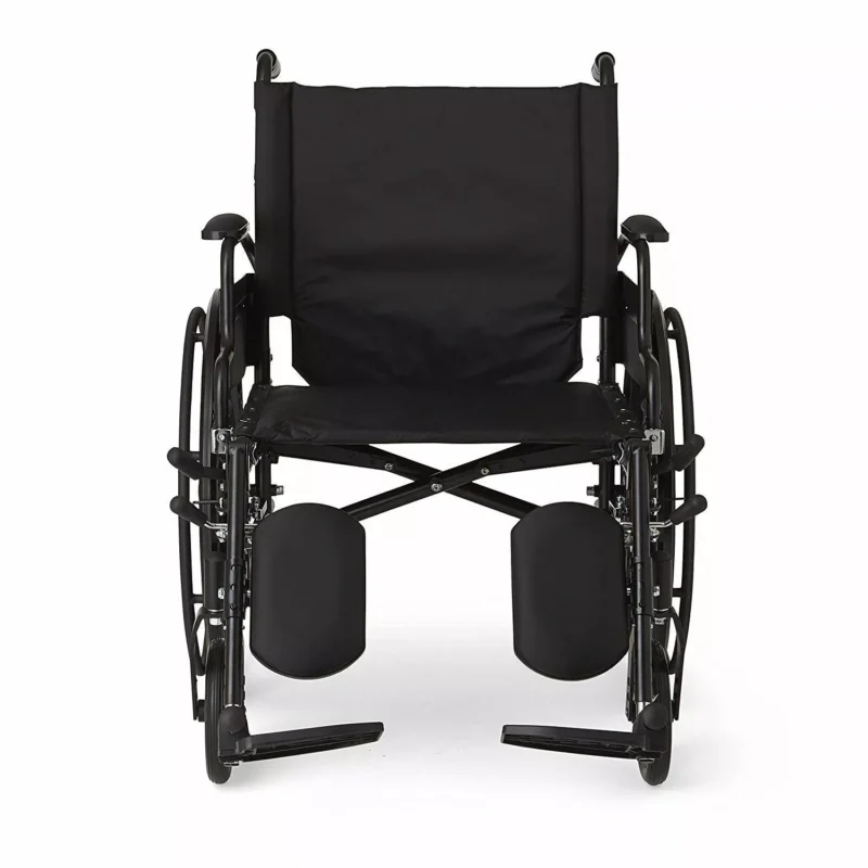 Front view of a black bariatric wheelchair with wide seat and leg rests.