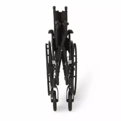 Folded black wheelchair viewed from the front.