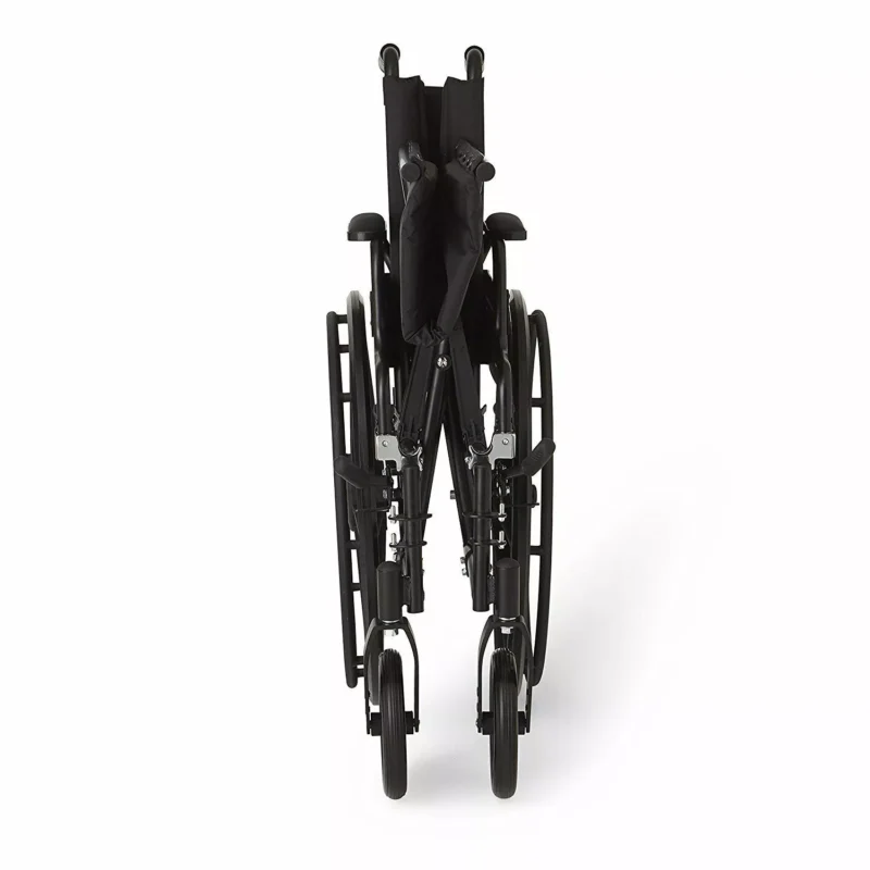 Folded black wheelchair viewed from the front.