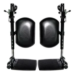 Adjustable leg rests and footrests of a wheelchair.