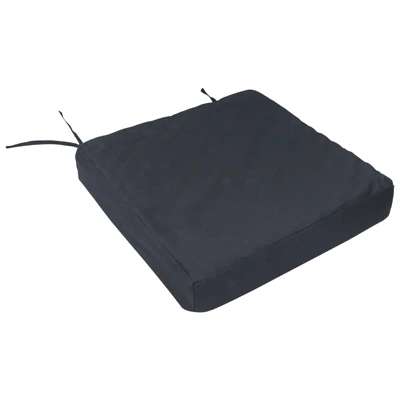 Black orthopaedic seat cushion with tie handles.