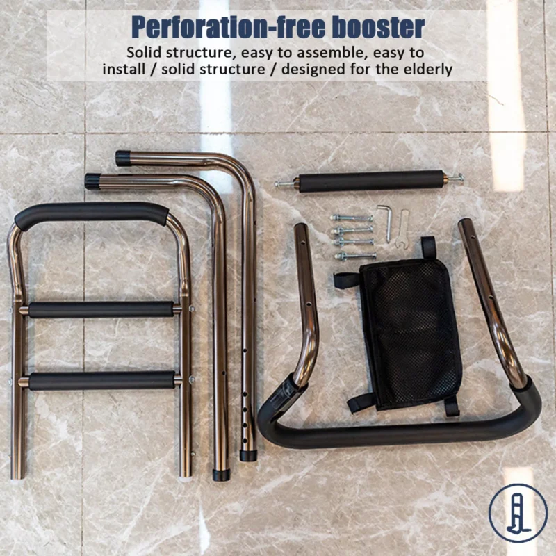 Components of the Mobility Standing Aid laid out on a tiled floor.